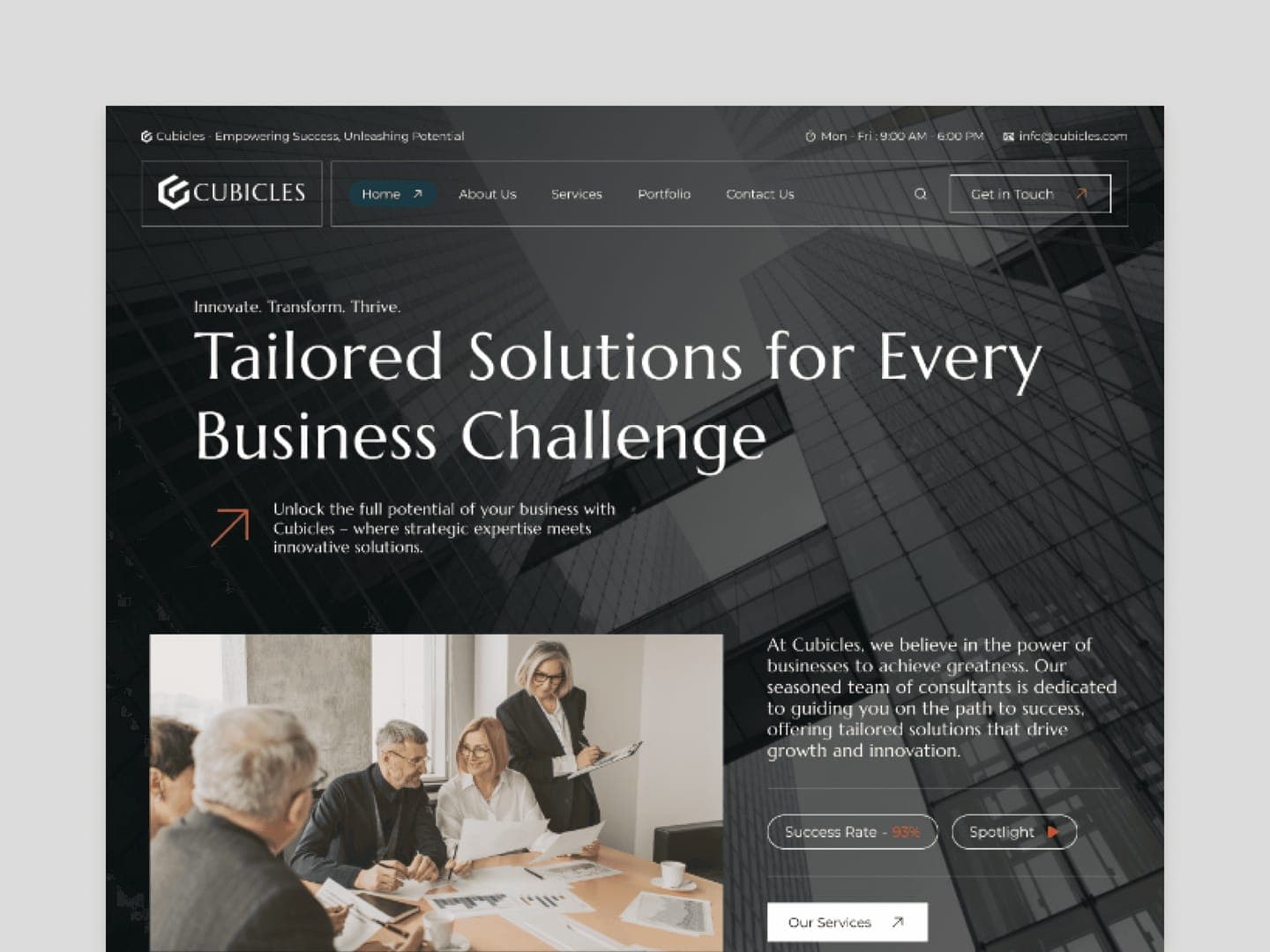 Cubicles website shown on screens